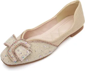 Women's Square Head Flat Shoes Fashion Glittering Rhinestone Bride Wedding Dress Shoes Comfortable Non Slip Slip on Walking Shoes