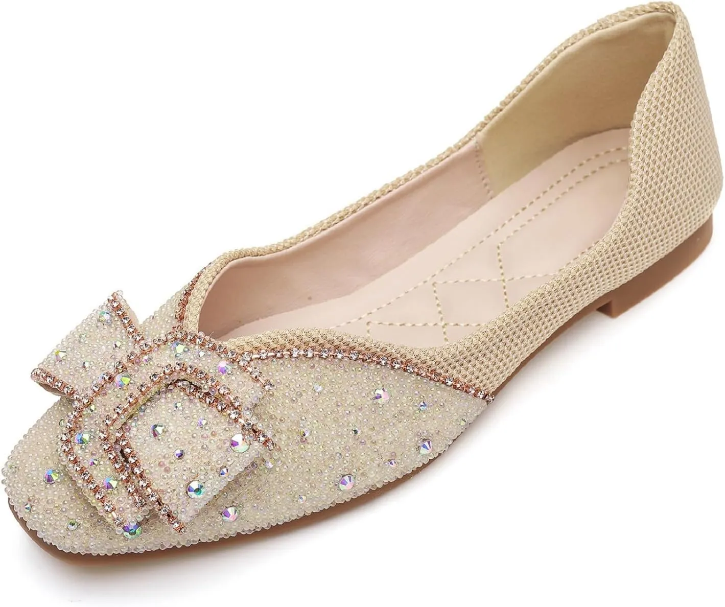 Women's Square Head Flat Shoes Fashion Glittering Rhinestone Bride Wedding Dress Shoes Comfortable Non Slip Slip on Walking Shoes