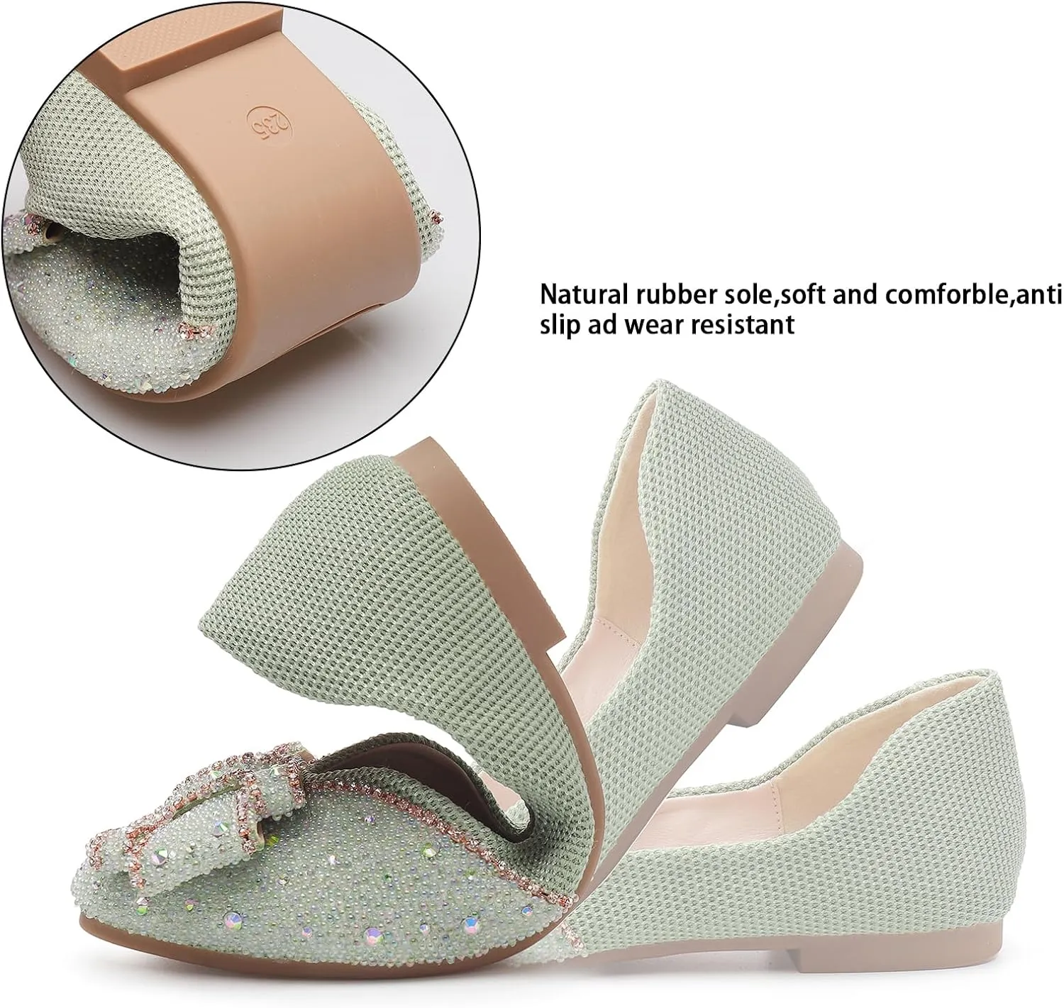 Women's Square Head Flat Shoes Fashion Glittering Rhinestone Bride Wedding Dress Shoes Comfortable Non Slip Slip on Walking Shoes