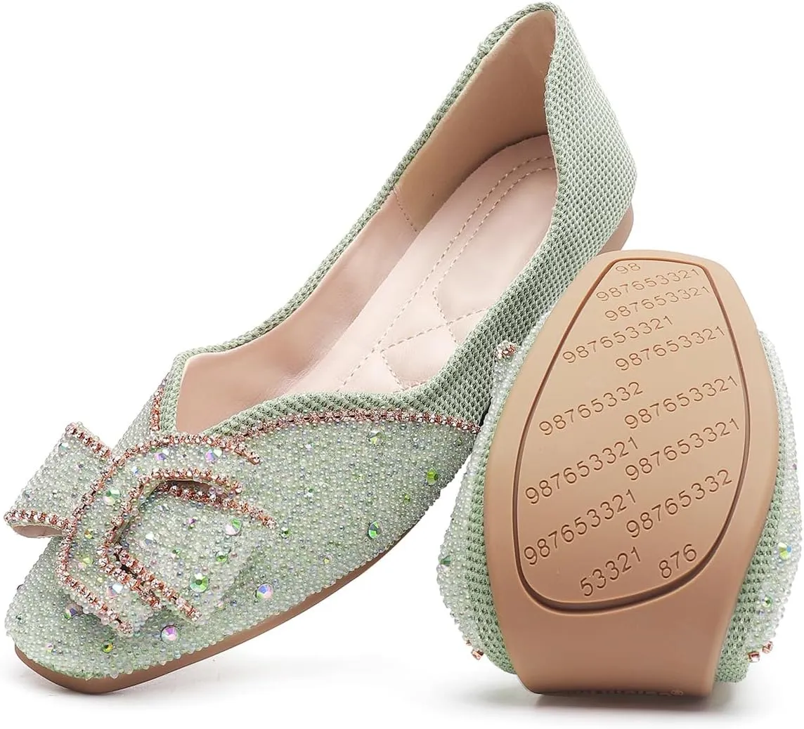 Women's Square Head Flat Shoes Fashion Glittering Rhinestone Bride Wedding Dress Shoes Comfortable Non Slip Slip on Walking Shoes