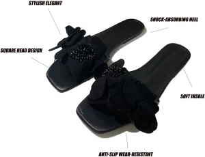 Women's Square Open Toe Flowers Pearl Flat Slide Sandal Summer Slip On Comfort Anti-Slip Boho Dressy Block Heel Slippers for Beach Sandals