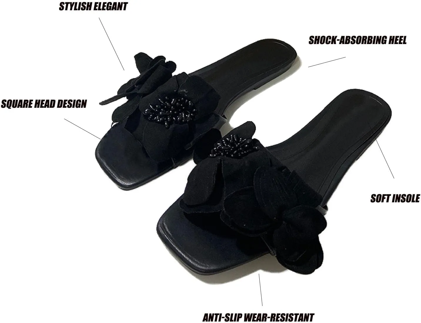 Women's Square Open Toe Flowers Pearl Flat Slide Sandal Summer Slip On Comfort Anti-Slip Boho Dressy Block Heel Slippers for Beach Sandals