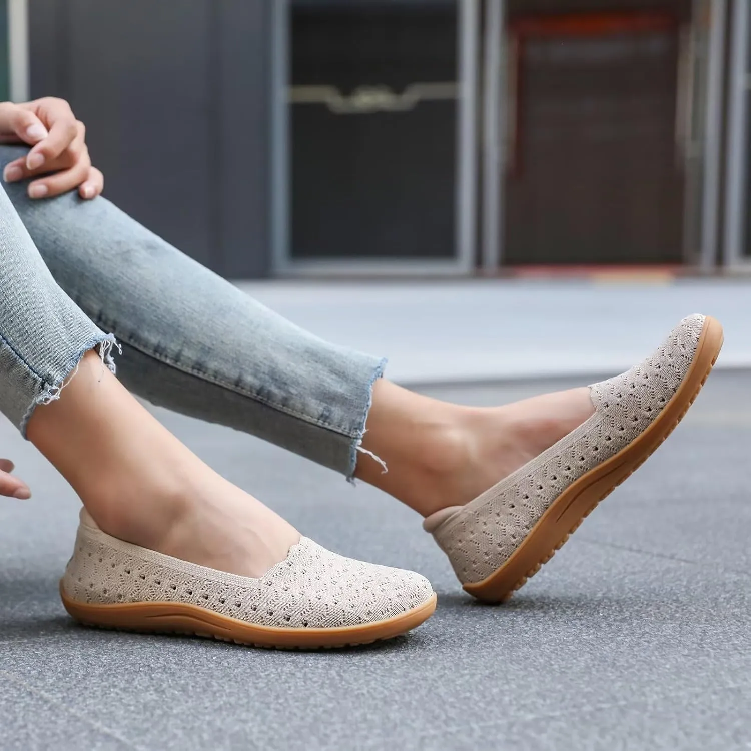 Women's Wide Toe Box Flats Shoes Knit Ballet Flat Slip-on Dress Walking Comfort Shoes