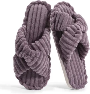 Xelky Indoor Slippers for Women House Open Toe Slipper Comfortable Corduroy Cross Bands Bedroom Shoes Fuzzy