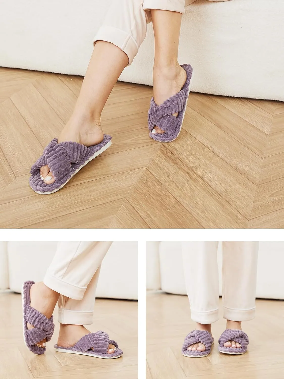 Xelky Indoor Slippers for Women House Open Toe Slipper Comfortable Corduroy Cross Bands Bedroom Shoes Fuzzy