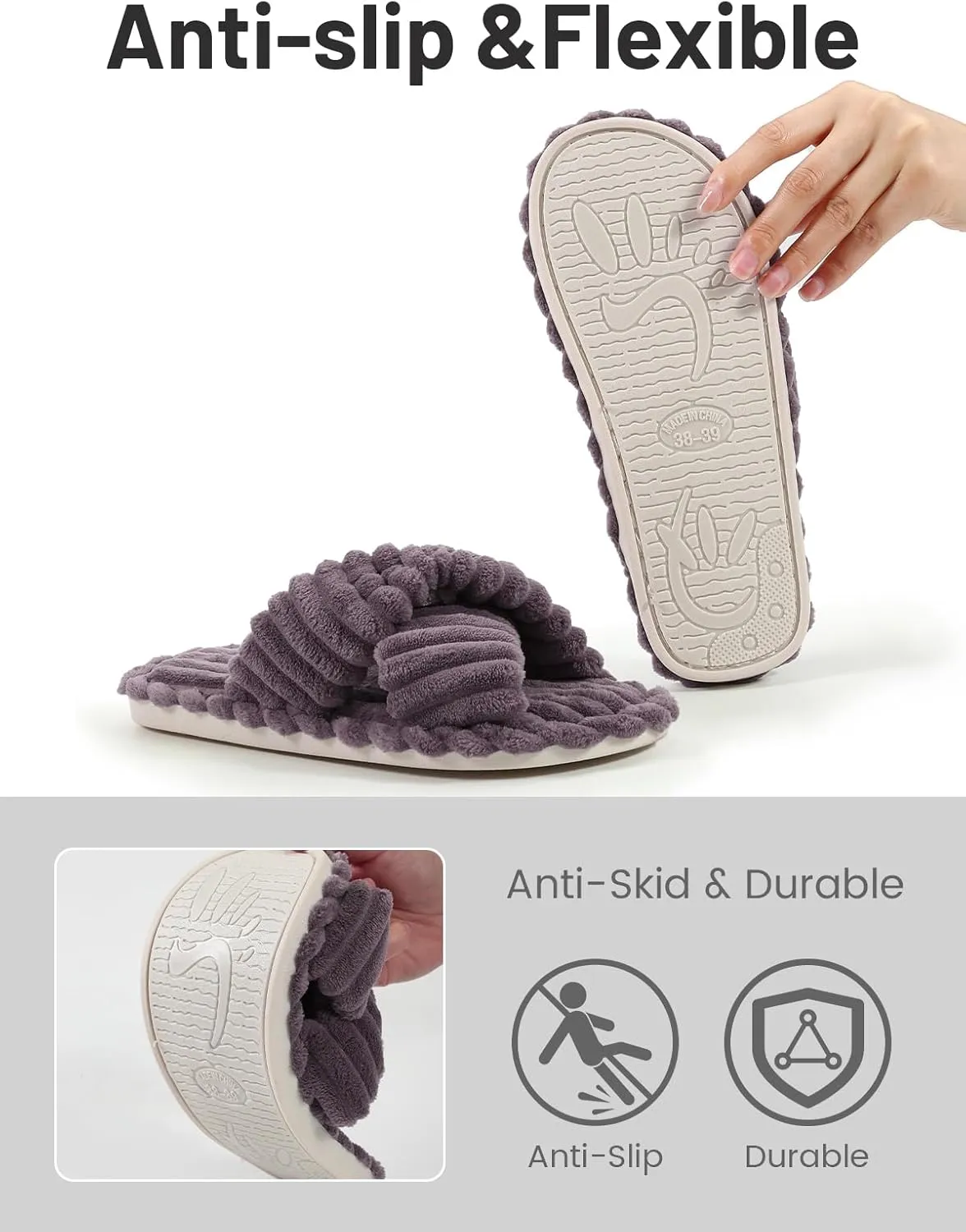 Xelky Indoor Slippers for Women House Open Toe Slipper Comfortable Corduroy Cross Bands Bedroom Shoes Fuzzy