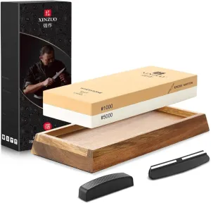 XINZUOKnife Sharpening Stone-Dual Grit #1000/#5000-Extra Large Whetstone-Wet Stone Knives Sharpener with Acacia Wood Base,Daimond Flattener