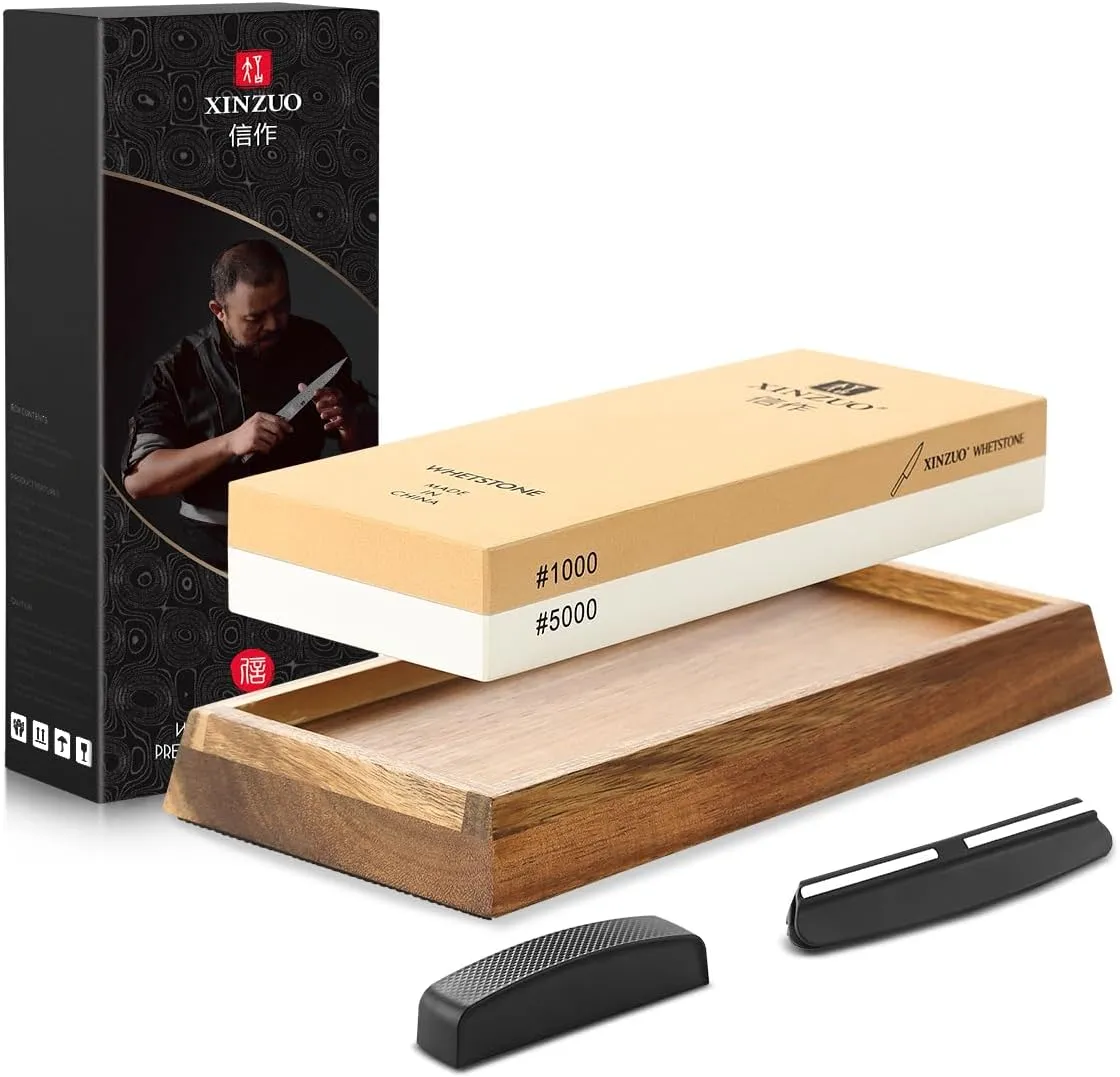 XINZUOKnife Sharpening Stone-Dual Grit #1000/#5000-Extra Large Whetstone-Wet Stone Knives Sharpener with Acacia Wood Base,Daimond Flattener