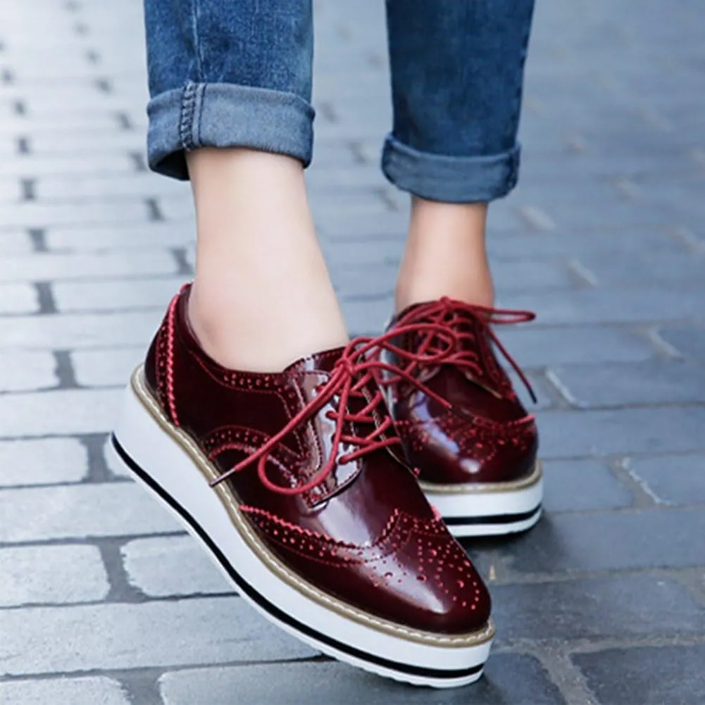 YING LAN Women's Platform Lace-Up Wingtips Square Toe Oxfords Shoe
