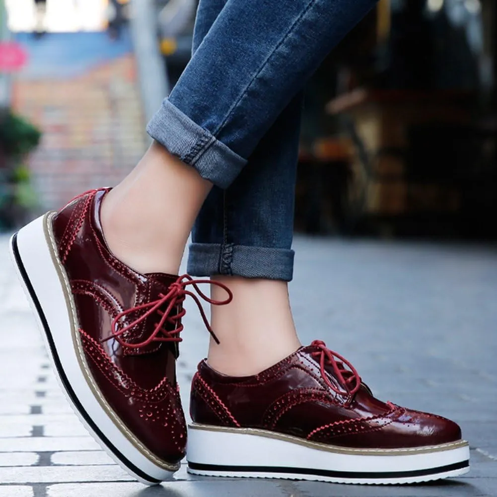 YING LAN Women's Platform Lace-Up Wingtips Square Toe Oxfords Shoe