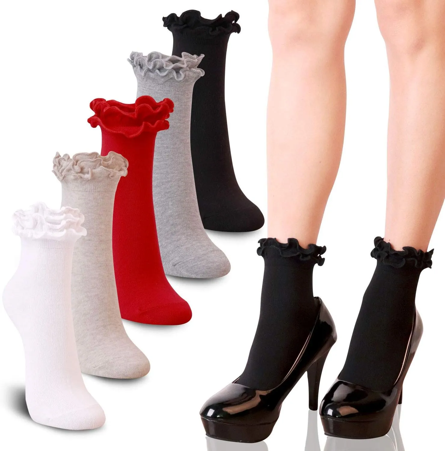 Youneedthat Women's Double Ruffle Frilly Ankle, Crew Socks Cotton Lettuce Lace Trim Big Girls (Pack of 3/5)