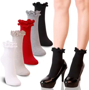 Youneedthat Women's Double Ruffle Frilly Ankle, Crew Socks Cotton Lettuce Lace Trim Big Girls (Pack of 3/5)