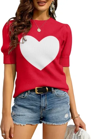 Zbyclub Womens Puff Short Sleeve Sweaters Pullover Shirt Tops Crew Neck Lightweight Knit Sweater Blouses