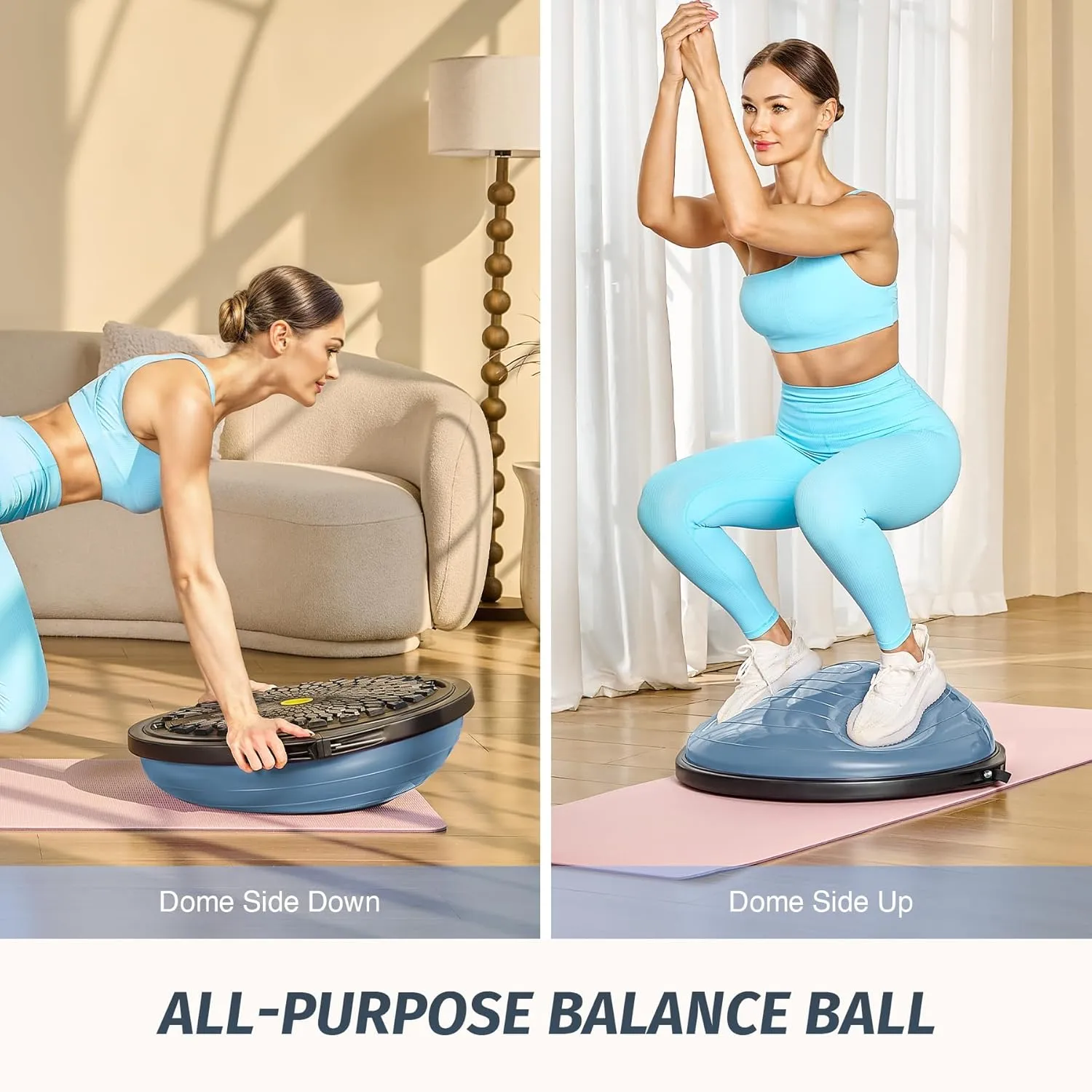ZELUS 25in. Balance Ball | 660lb Inflatable Half Exercise Ball Wobble Board Balance Trainer w Nonslip Base | Half Yoga Ball Strength Training Equipment w 2 Bands, Pump, Extra Ball Included