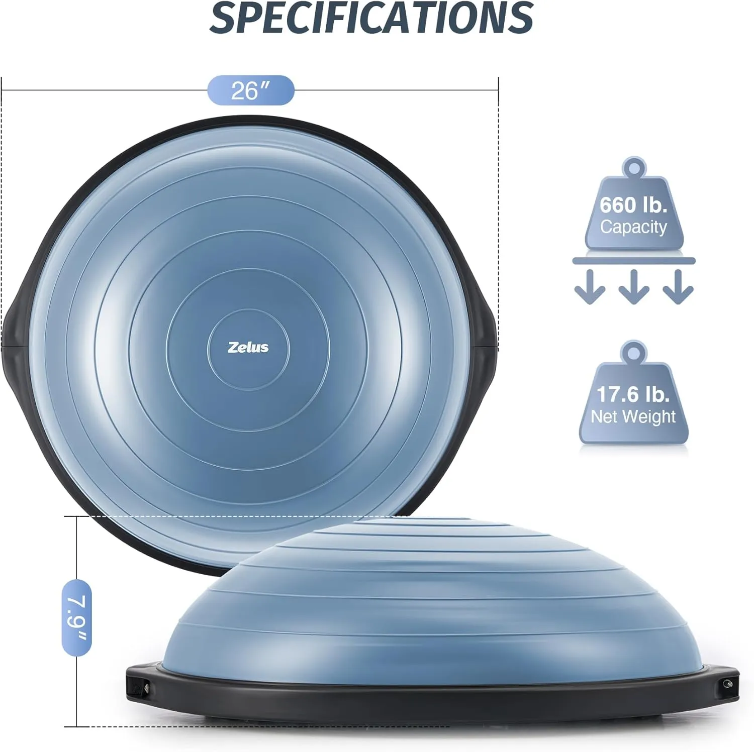 ZELUS 25in. Balance Ball | 660lb Inflatable Half Exercise Ball Wobble Board Balance Trainer w Nonslip Base | Half Yoga Ball Strength Training Equipment w 2 Bands, Pump, Extra Ball Included