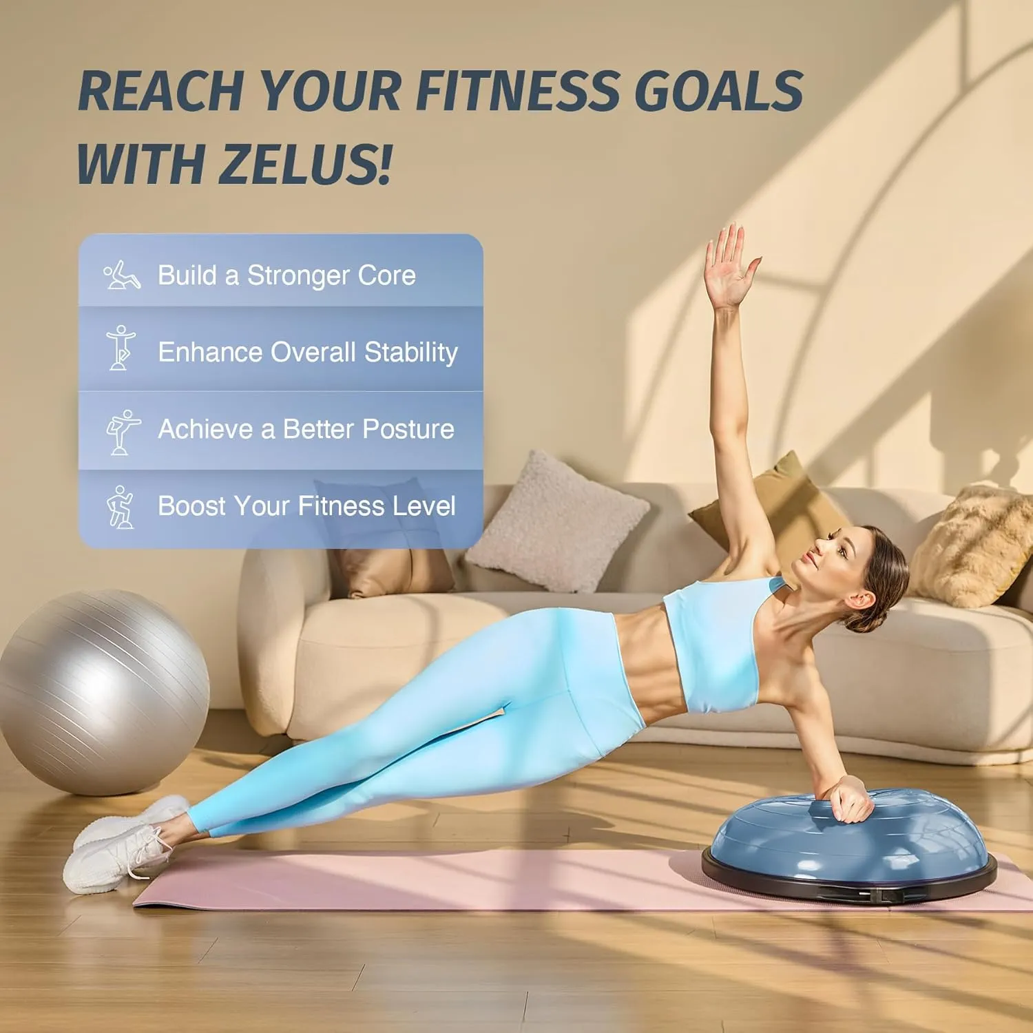 ZELUS 25in. Balance Ball | 660lb Inflatable Half Exercise Ball Wobble Board Balance Trainer w Nonslip Base | Half Yoga Ball Strength Training Equipment w 2 Bands, Pump, Extra Ball Included