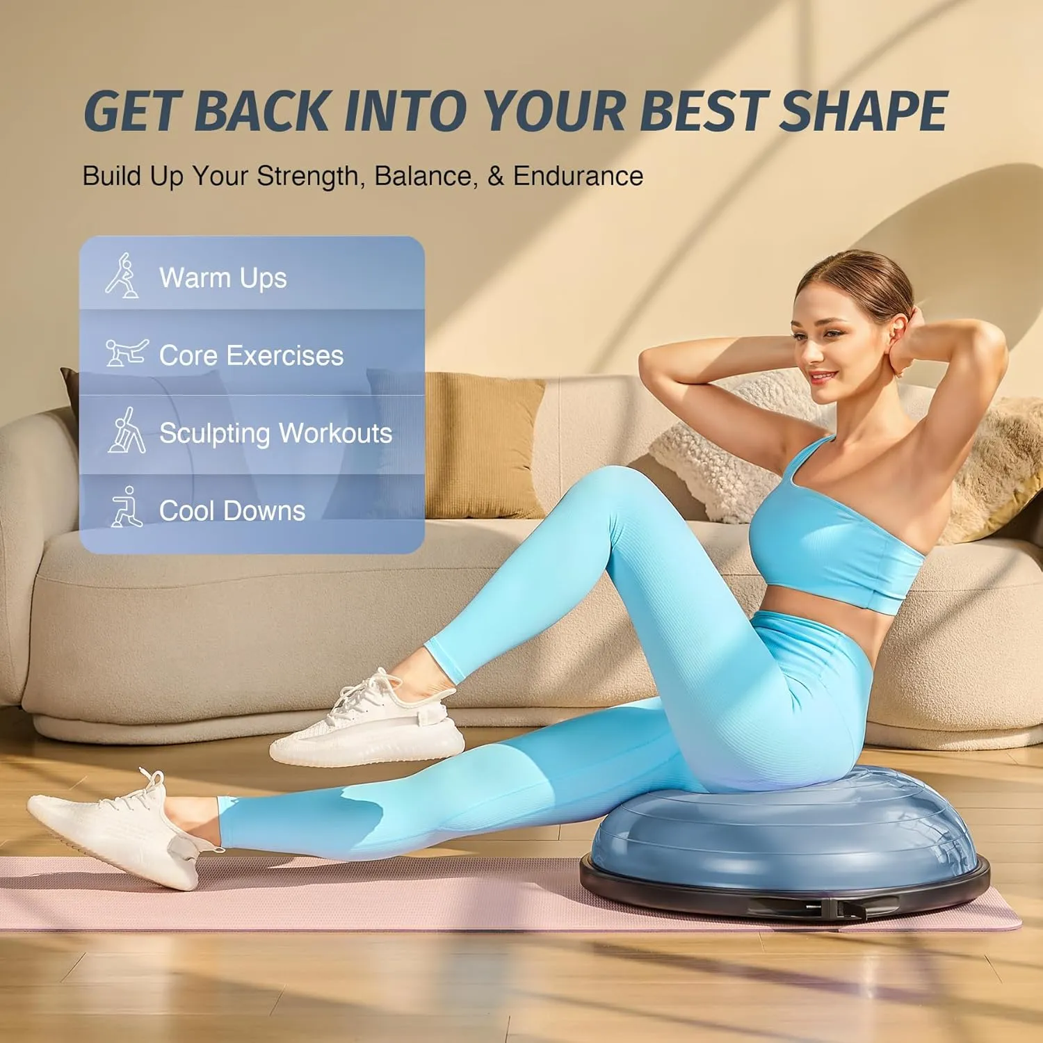 ZELUS 25in. Balance Ball | 660lb Inflatable Half Exercise Ball Wobble Board Balance Trainer w Nonslip Base | Half Yoga Ball Strength Training Equipment w 2 Bands, Pump, Extra Ball Included