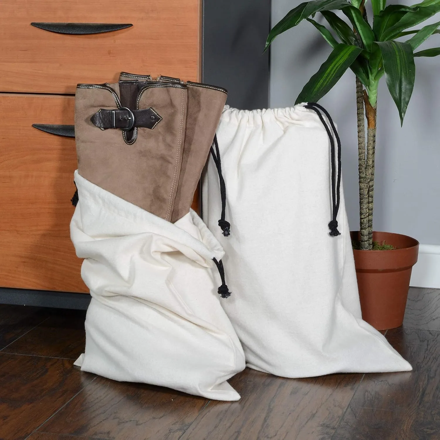 ZENPAC Cowboy Boot Bag, Beige Duster Flannel Pouch with Drawstring Closure, Washable Breathable Cotton Fabric for Shoes, Luggage, 12.5x20.5 2 Pack